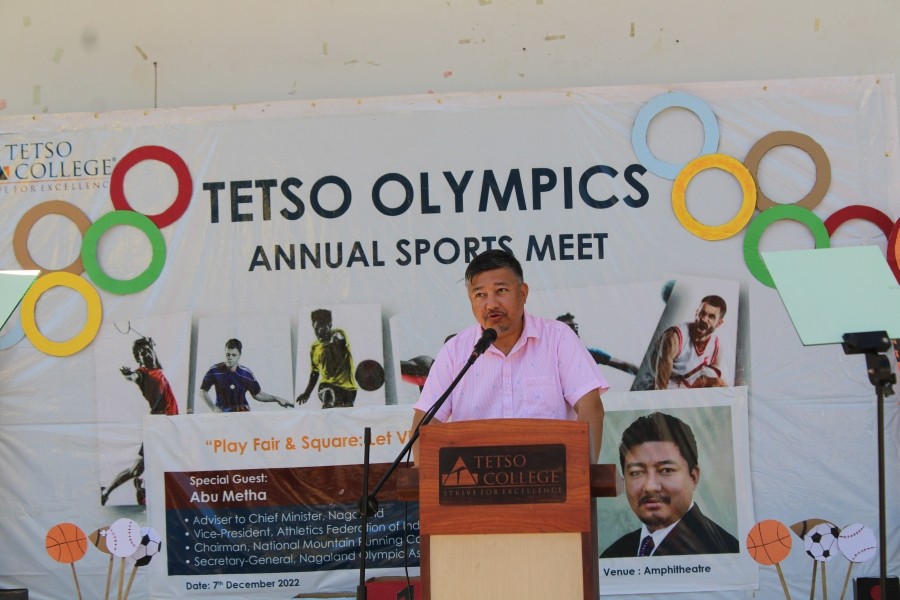 Adviser to the Chief Minister, Nagaland, Abu Metha speaks during the opening day of Tetso Olympics 2022 on December 7. (Photo Courtesy: Tetso College)